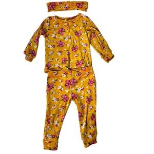Mon Petit Baby Girl 12m 3-Piece Outfit Yellow Floral Soft Velour